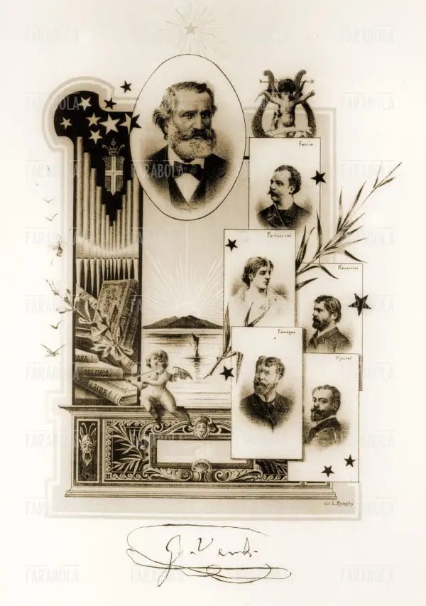 Allegoria con Giuseppe Verdi, Franco Faccio, Romilda Pantaleoni, Francesco Tamagno e Victor Maurel, XIX secolo