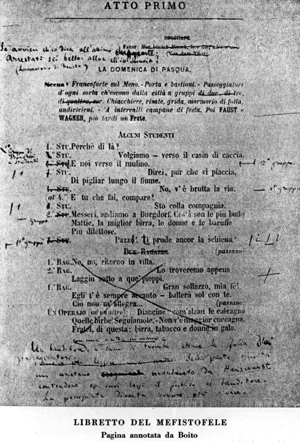 Pagina del libretto di Mefistofele con le annotazioni di Arrigo Boito, XIX secolo