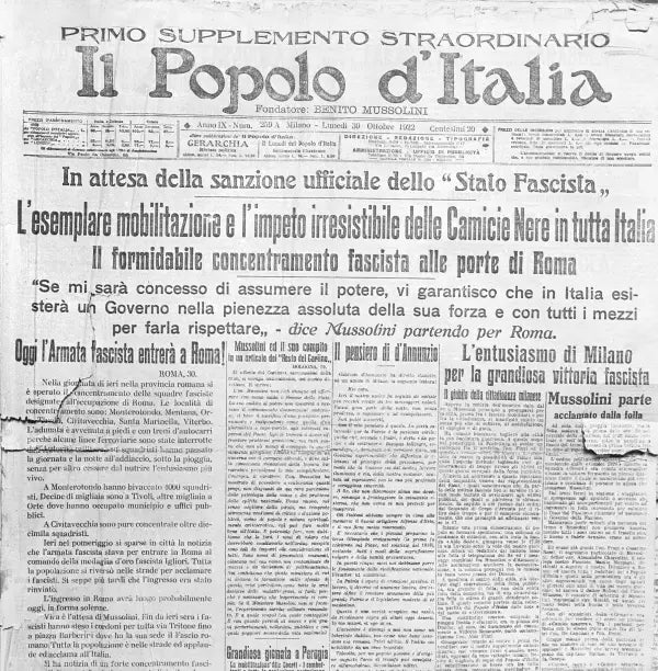Numero del Il Popolo d'Italia con la notizia della partenza di Mussolini per Roma, 1922