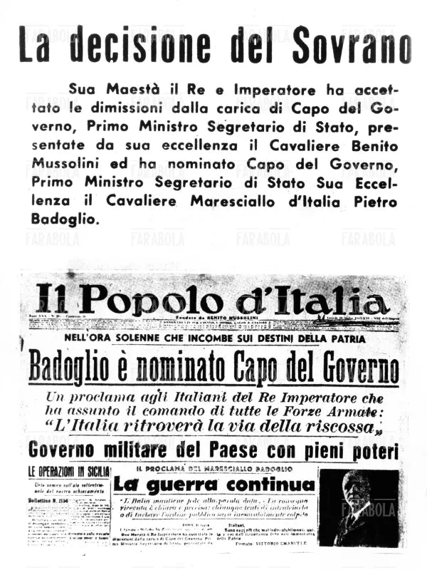 Dimissioni di Mussolini, prima pagina de Il Popolo d'Italia, 1943