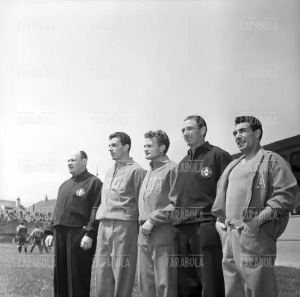 Lajos Czeizler, Giorgio Ghezzi, Giampiero Boniperti, Silvio Piola e Benito Lorenzi, Ritiro della Nazionale ai Mondiali di calcio, Vevey, 1954