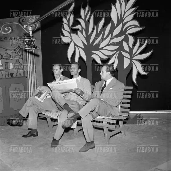 Enzo Garinei, Toni Ucci e Carlo Sposito alle prove di Canzonissima, Roma, 1961