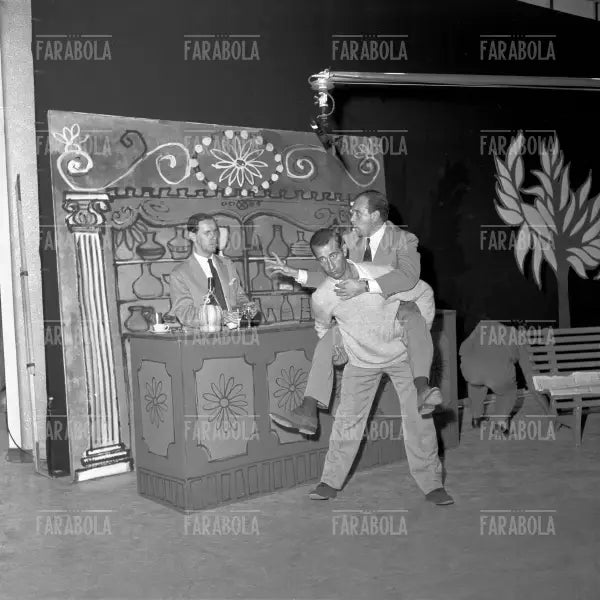 Enzo Garinei, Toni Ucci e Carlo Sposito alle prove di Canzonissima, Roma, 1961
