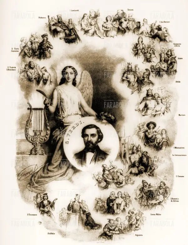 Ritratto giovanile di Giuseppe Verdi con i protagonisti delle sue opere, 1965
