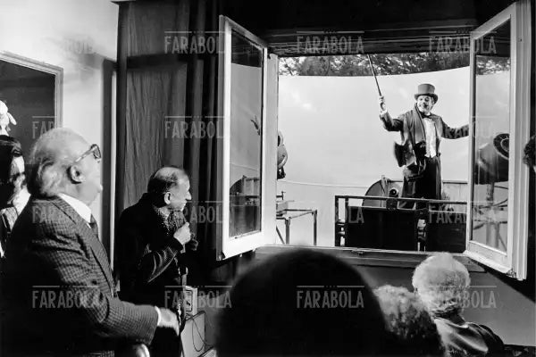 Federico Fellini e Marcello Mastroianni sul set de L'intervista, 1987