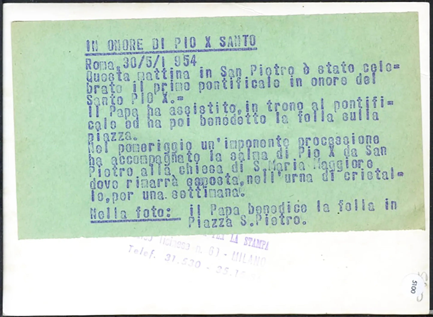 Benedizione papale in San Pietro 1954 Ft 5100 - Stampa 13x18 cm - Farabola Stampa ai sali d'argento
