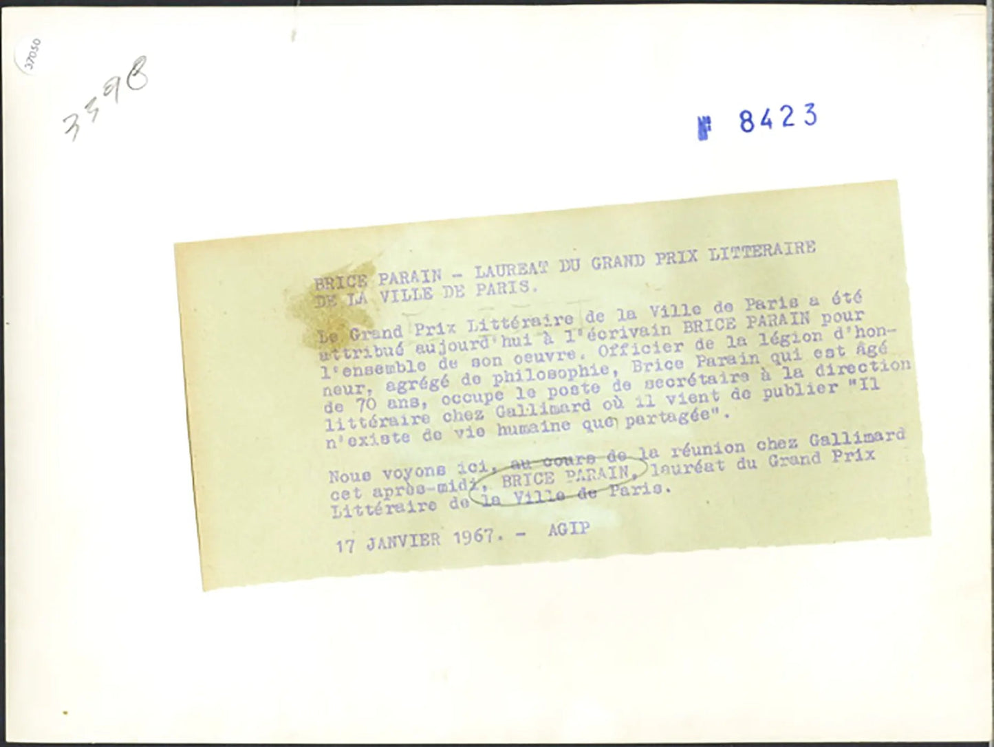 Bruce Parain scrittore 1967 Ft 37050 - Stampa 24x18 cm - Farabola Stampa ai sali d'argento