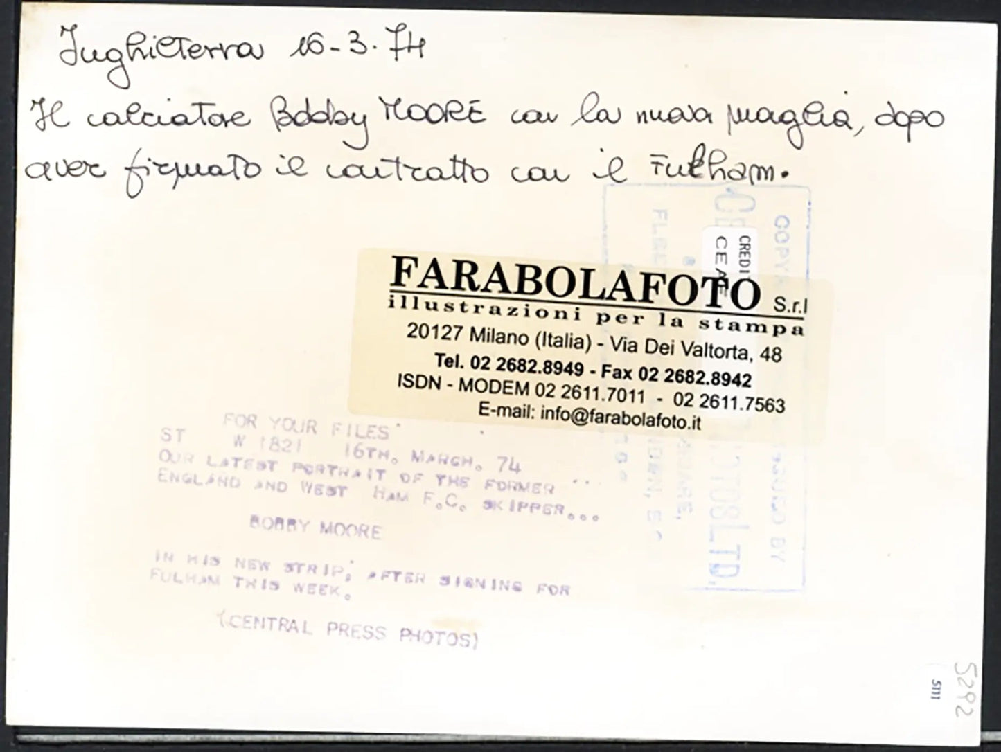 Calcio Bobby Moore Fulham 1974 Ft 5111 - Stampa 20x15 cm - Farabola Stampa ai sali d'argento