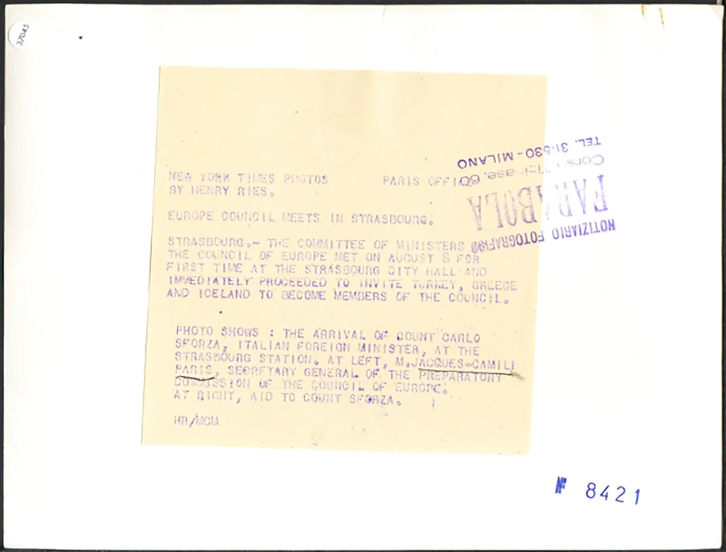 Carlo Sforza a Strasburgo 1949 Ft 37045 - Stampa 24x18 cm - Farabola Stampa ai sali d'argento