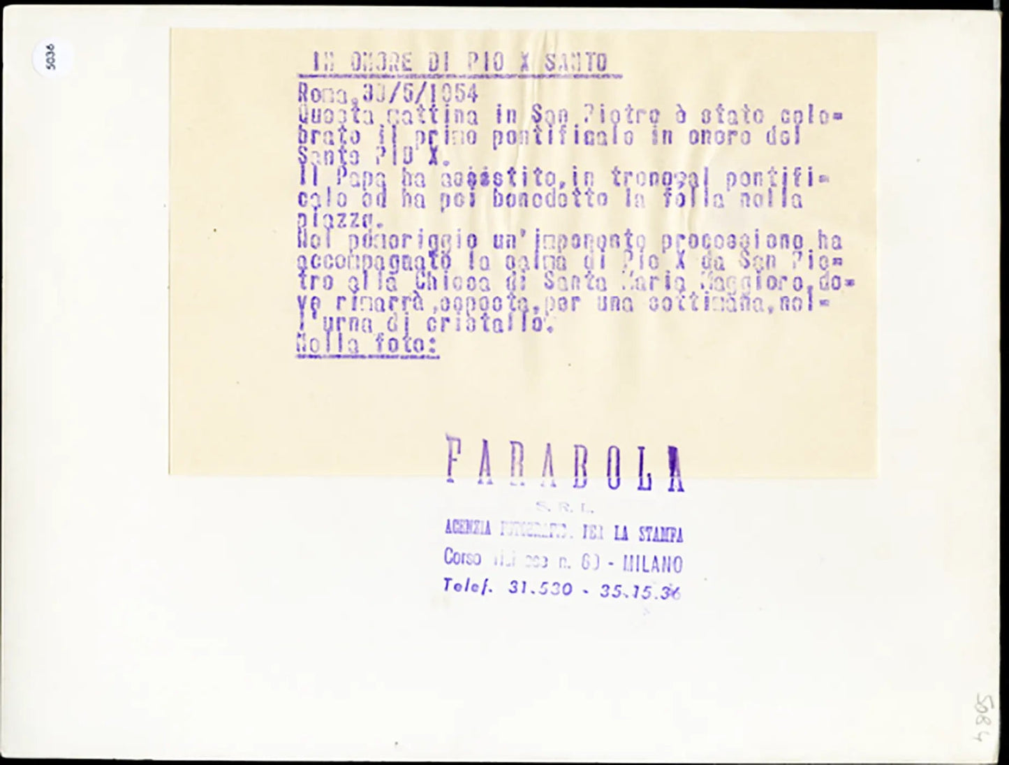 Celebrazione in onore di San Pio X 1954 Ft 5036 - Stampa 24x18 cm - Farabola Stampa ai sali d'argento
