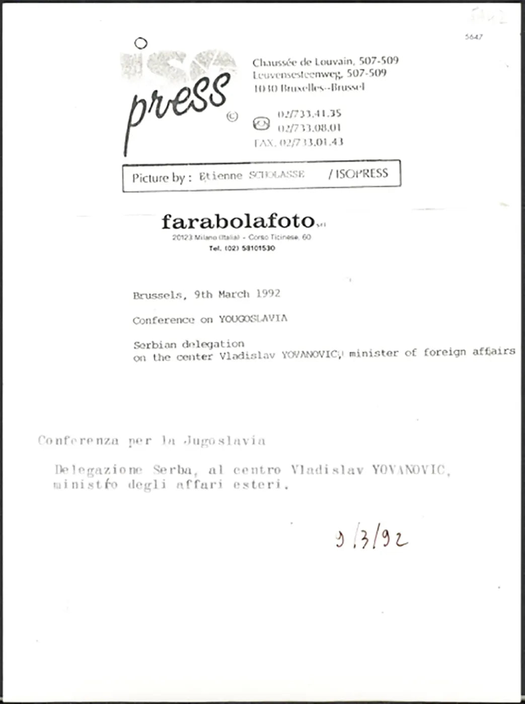 Conferenza per la Jugoslavia 1992 Ft 5647 - Stampa 24x18 cm - Farabola Stampa ai sali d'argento