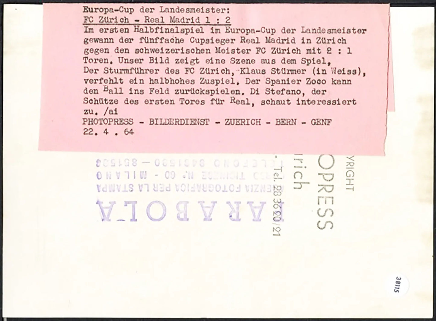 Coppa dei Campioni Zurigo vs Real Madrid 1964 Ft 38115 - Stampa 18x13 cm - Farabola Stampa ai sali d'argento