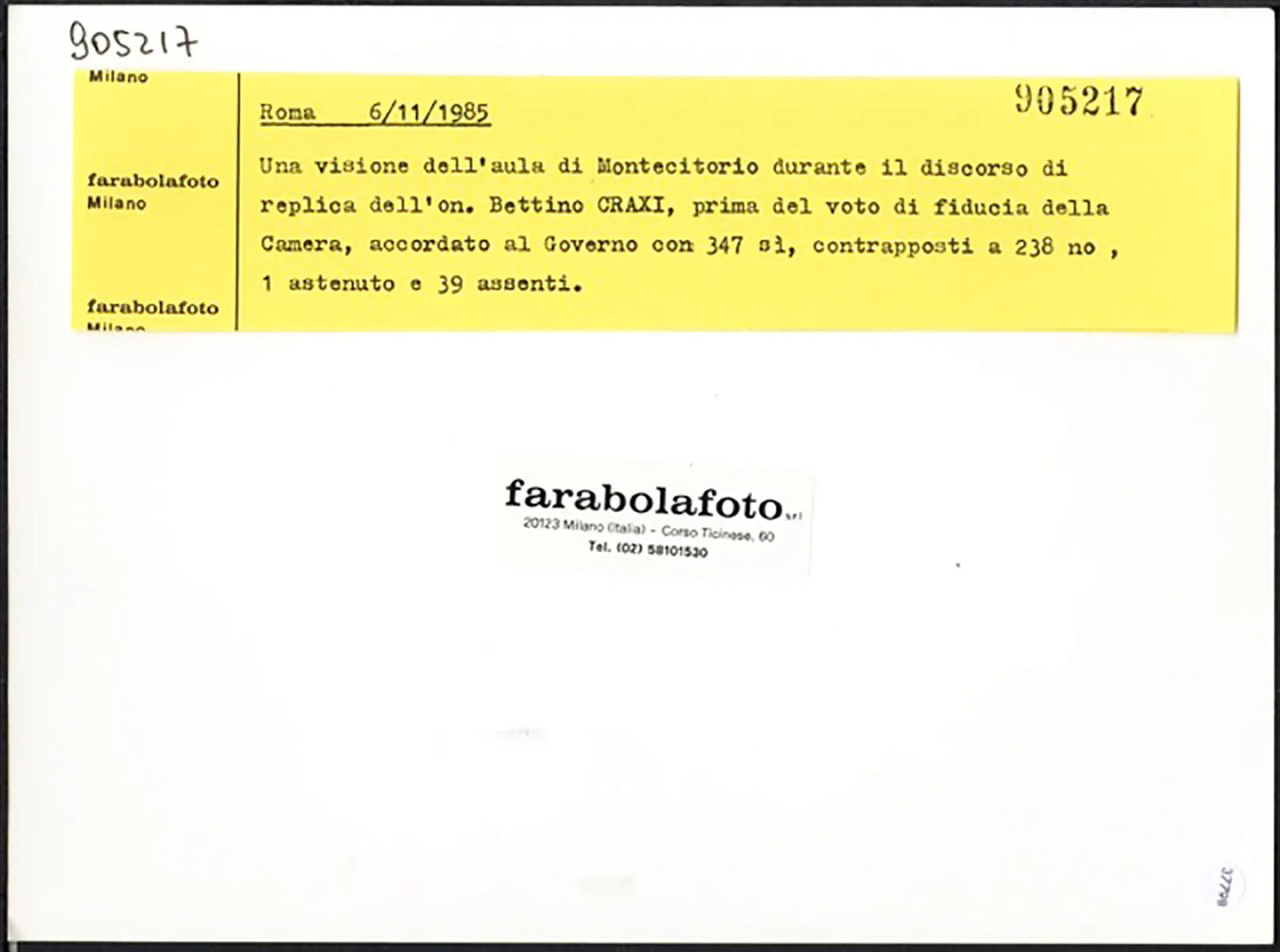Craxi chiede la fiducia alla Camera 1985 Ft 37798 - Stampa 24x18 cm - Farabola Stampa ai sali d'argento