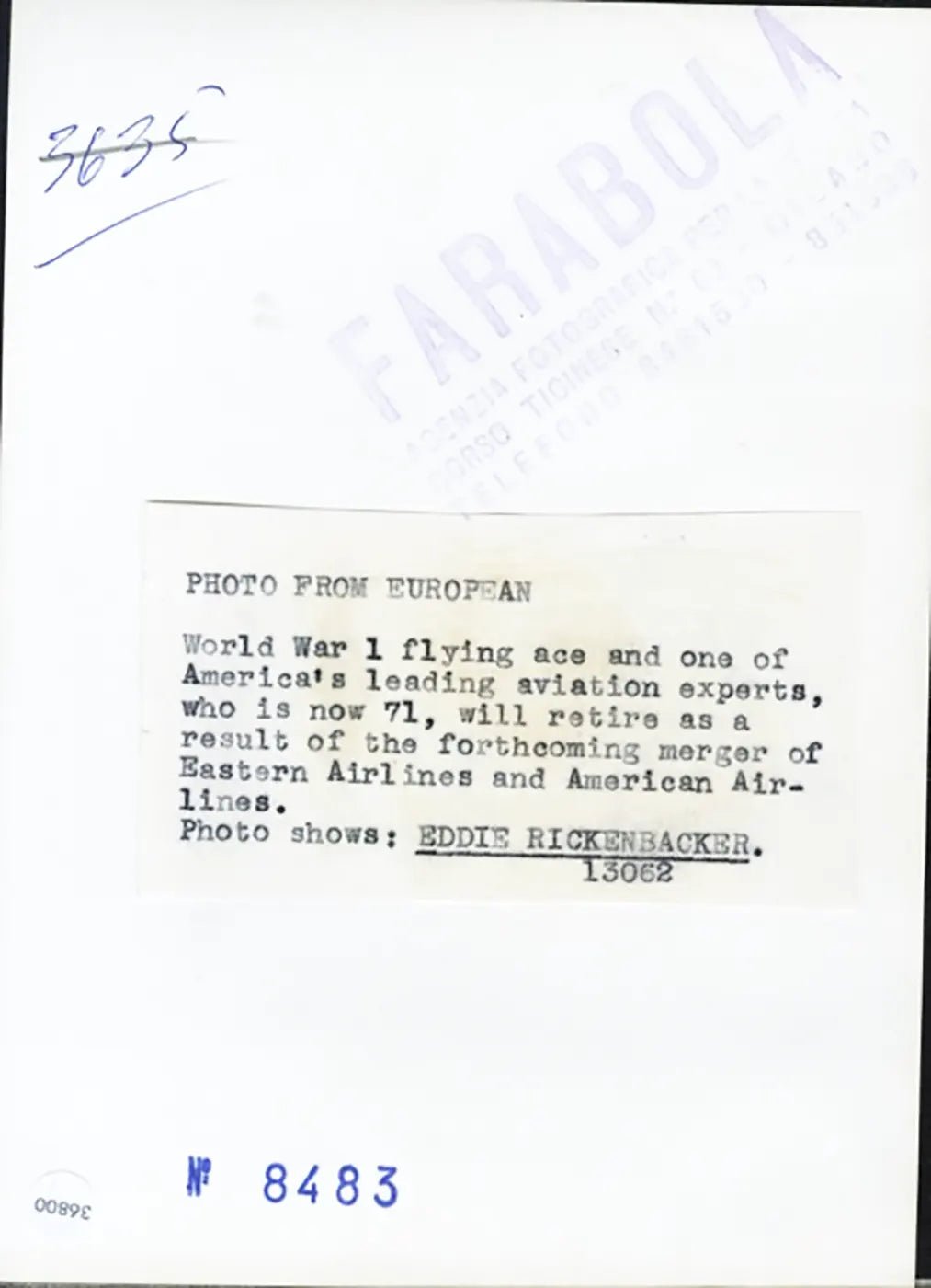 Eddie Rickenbacker United Airlines 1962 Ft 36800 - Stampa 13x18 cm - Farabola Stampa ai sali d'argento