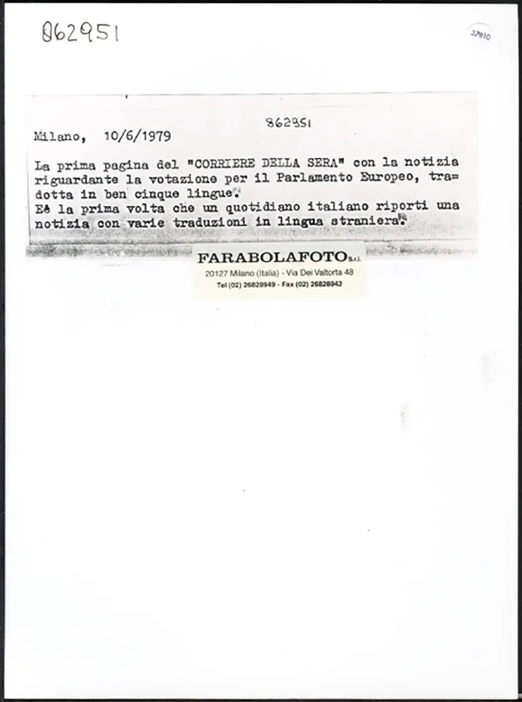 Editoriale in 5 lingue per il Parlamento Europeo 1979 Ft 37810 - Stampa 24x18 cm - Farabola Stampa ai sali d'argento