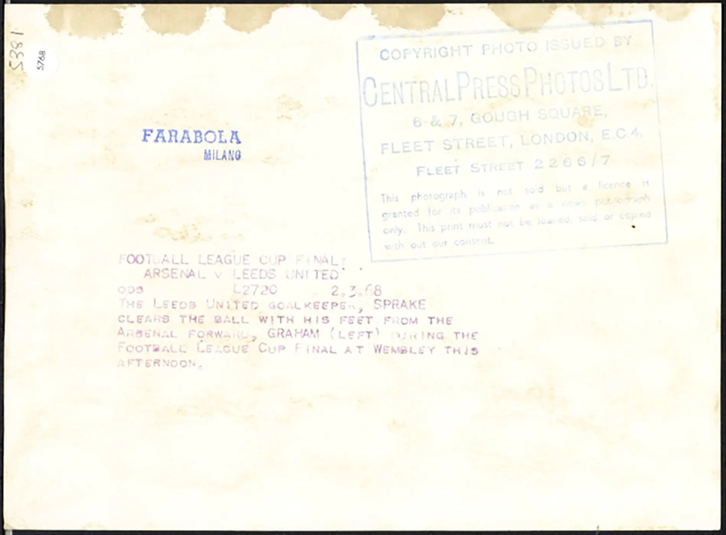 FA Cup Leeds vs Arsenal 1968 Ft 5768 - Stampa 20x15 cm - Farabola Stampa ai sali d'argento