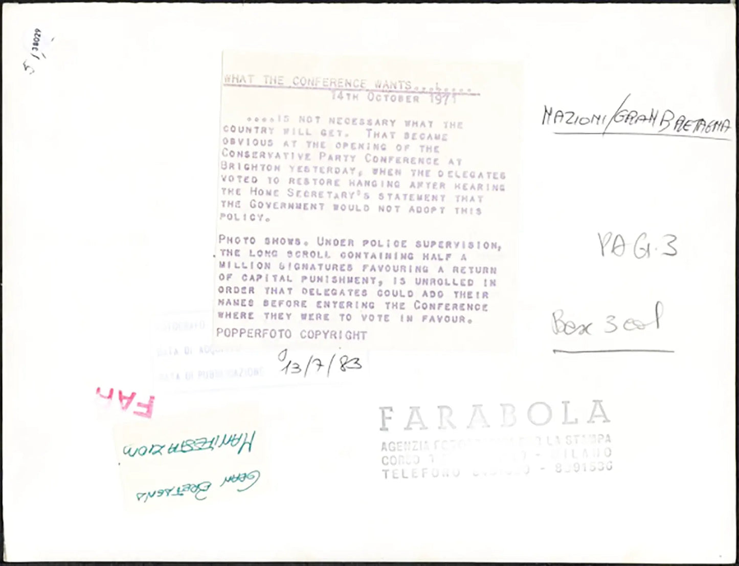Firme per ripristino pena capitale Brighton 1971 Ft 38029 - Stampa 20x25 cm - Farabola Stampa ai sali d'argento