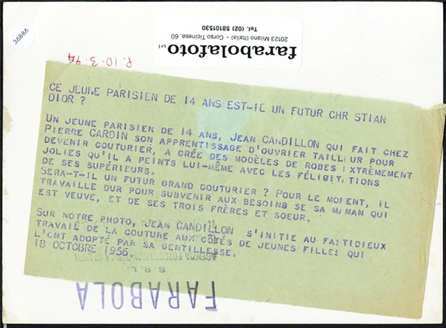 Jean Candillon apprendista Cardin 1956 Ft 36886 - Stampa 18x13 cm - Farabola Stampa ai sali d'argento