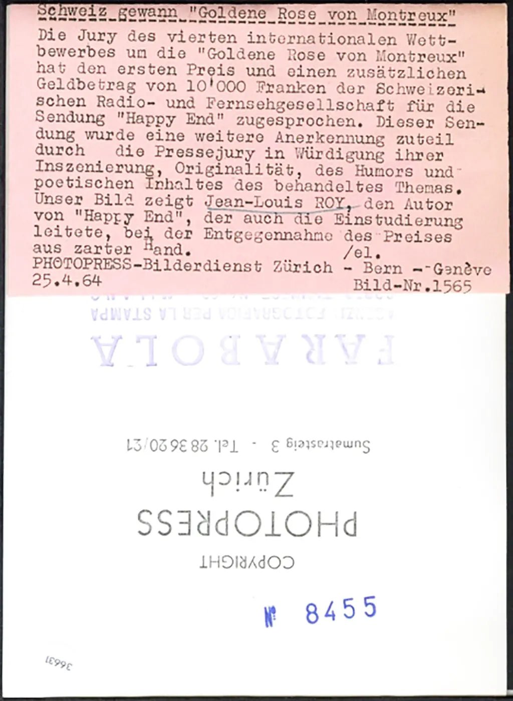 Jean - Louis Roy premiato a Montreaux 1964 Ft 36631 - Stampa 20x15 cm - Farabola Stampa ai sali d'argento