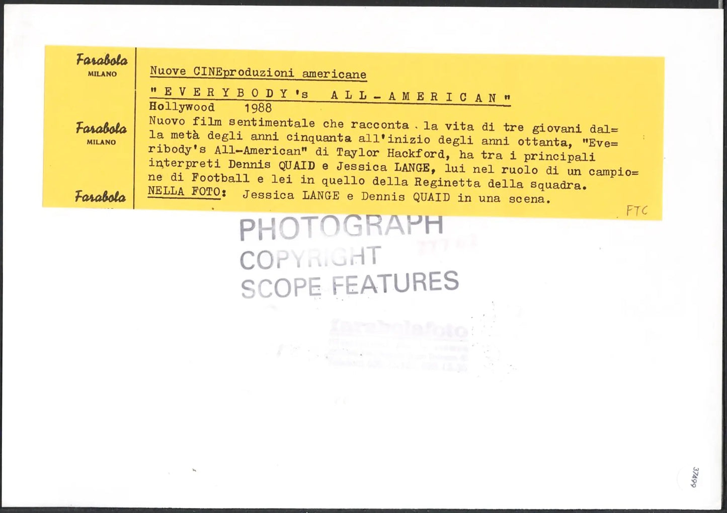 Jessica Lange e Dennis Quaid film 1988 Ft 37499 - Stampa 24x18 cm - Farabola Stampa ai sali d'argento