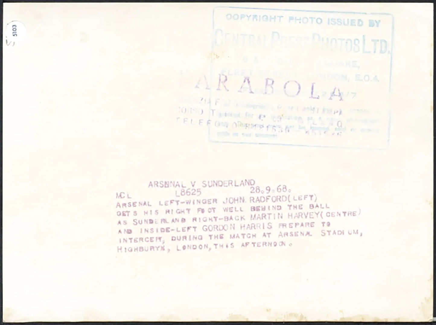 John Radford Arsenal vs Sunderland 1968 Ft 5103 - Stampa 20x15 cm - Farabola Stampa ai sali d'argento