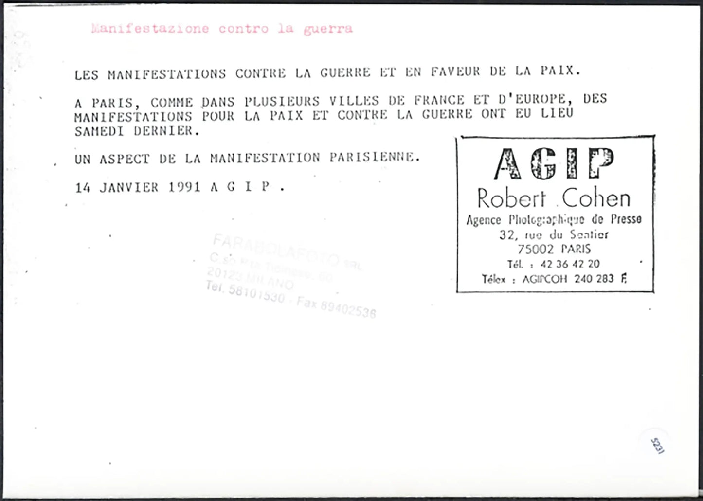 Manifestazione contro la guerra Parigi 1991 Ft 5231 - Stampa 21x15 cm - Farabola Stampa ai sali d'argento