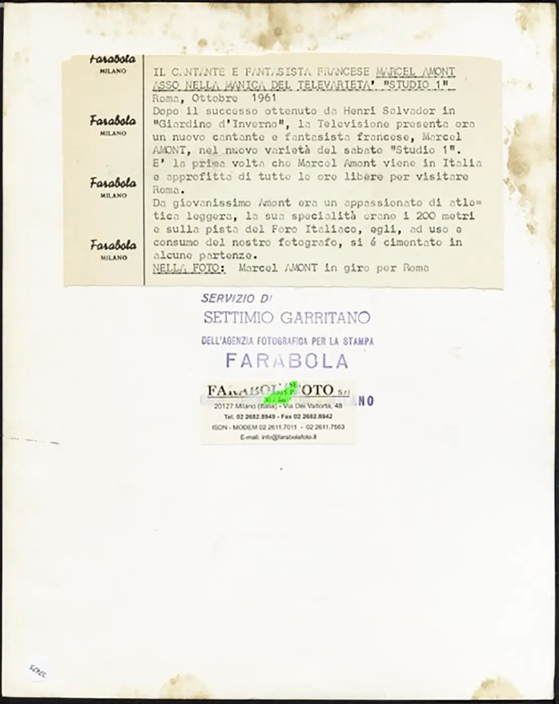 Marcel Aumont a Roma 1961 Ft 37475 - Stampa 21x27 cm - Farabola Stampa ai sali d'argento