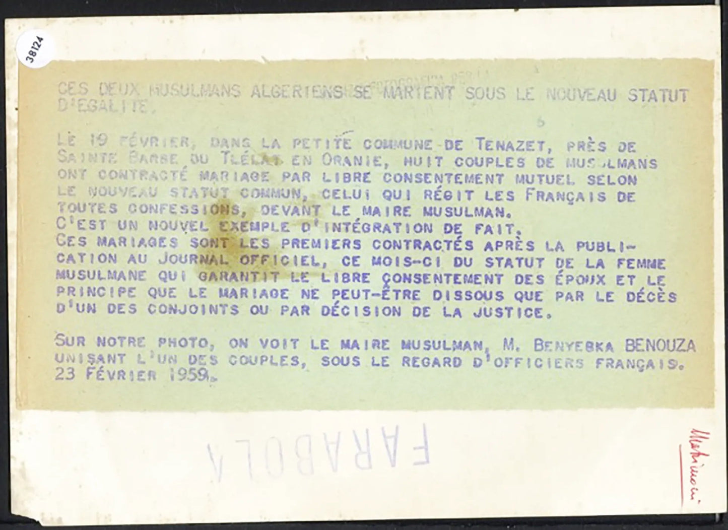 Matrimonio musulmano in Francia 1959 Ft 38124 - Stampa 18x13 cm - Farabola Stampa ai sali d'argento