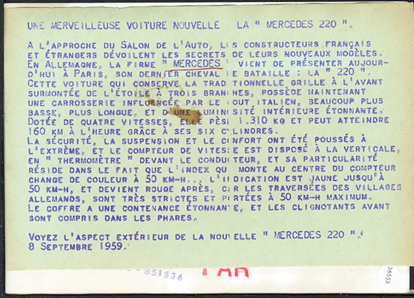 Mercedes 220 Salone Auto Parigi 1959 Ft 36553 - Stampa 13x18 cm - Farabola Stampa ai sali d'argento