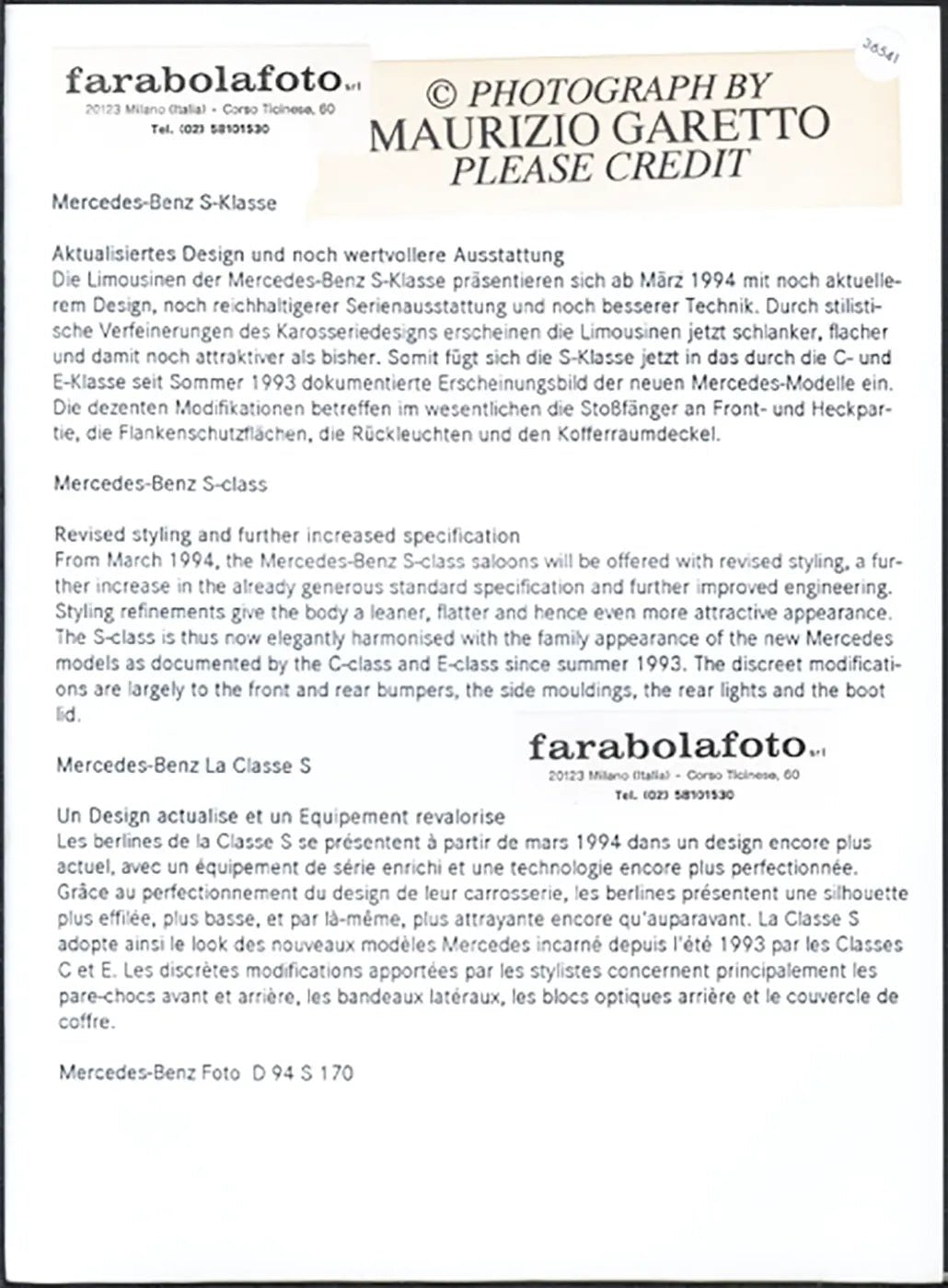 Mercedes Classe S 1993 Ft 36541 - Stampa 24x18 cm - Farabola Stampa ai sali d'argento