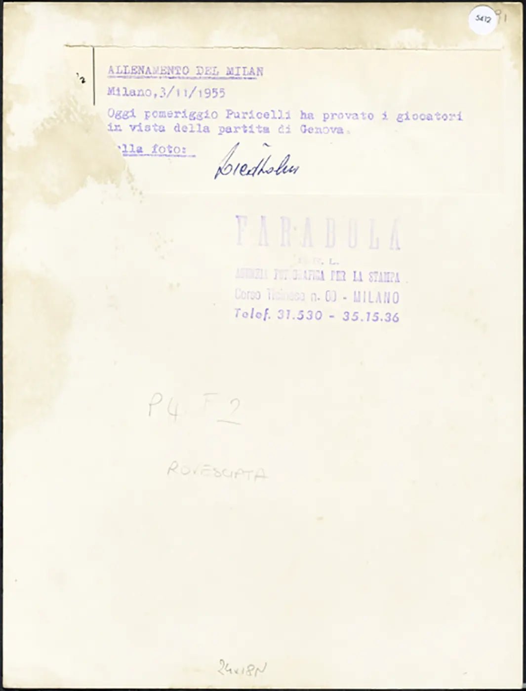 Milan Niels Liedholm Allenamenti 1955 Ft 5412 - Stampa 24x18 cm - Farabola Stampa ai sali d'argento