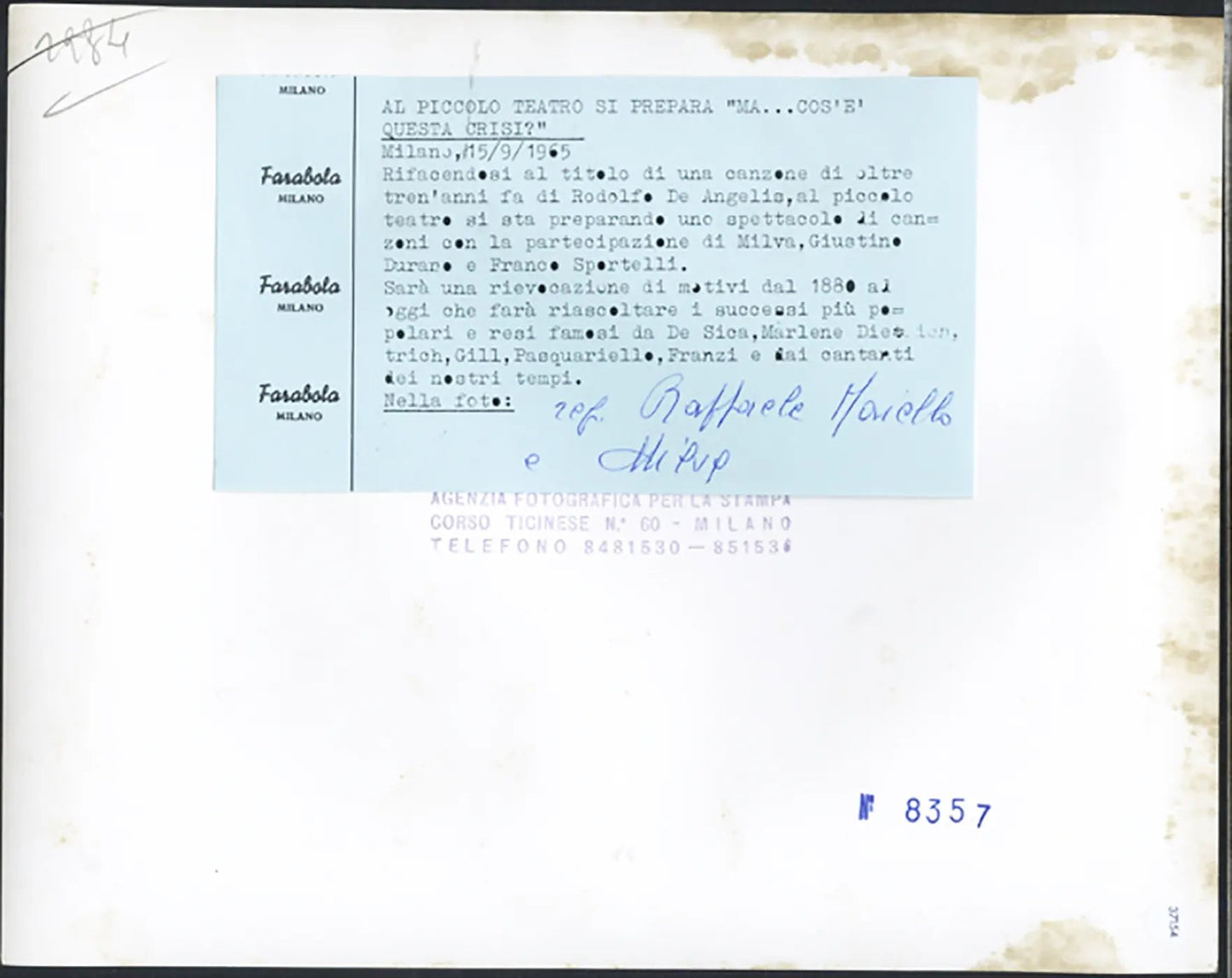 Milva e il regista Raffaele Maiello 1965 Ft 37154 - Stampa 21x27 cm - Farabola Stampa ai sali d'argento