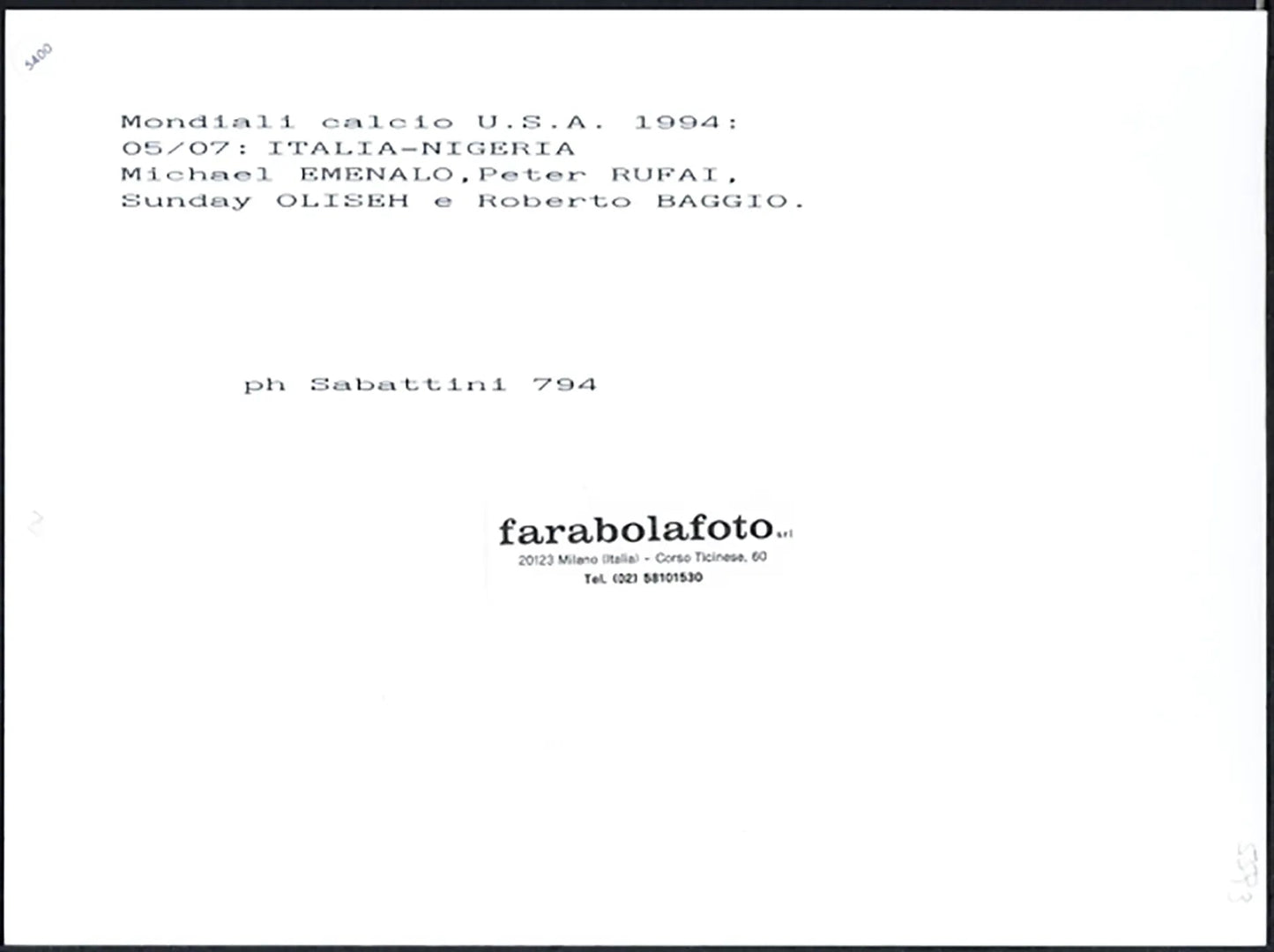 Mondiali 1994 Italia vs Nigeria Baggio Ft 5400 - Stampa 24x18 cm - Farabola Stampa ai sali d'argento