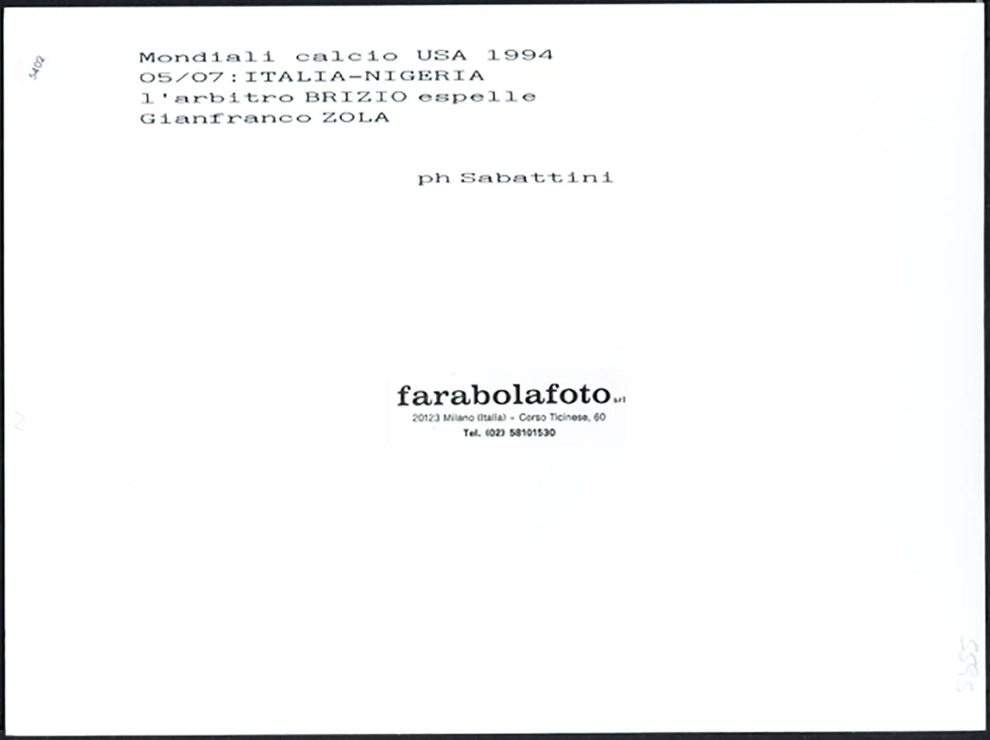 Mondiali 1994 Italia vs Nigeria Zola Ft 5402 - Stampa 24x18 cm - Farabola Stampa ai sali d'argento