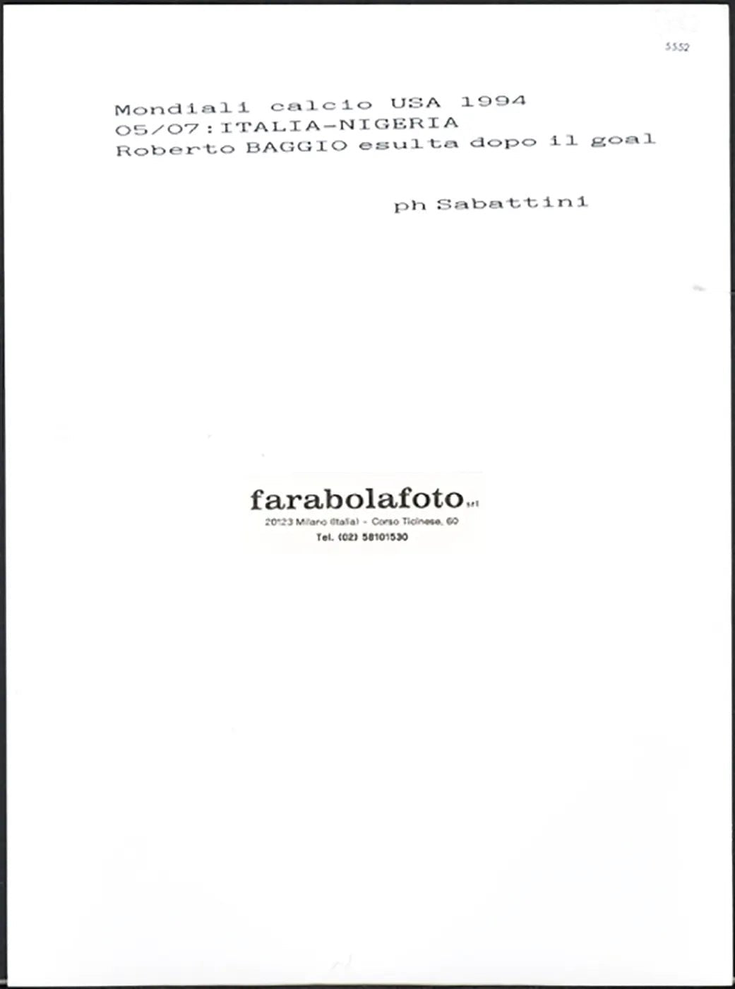Mondiali Usa 1994 Gol di Baggio Ft 5552 - Stampa 24x18 cm - Farabola Stampa ai sali d'argento