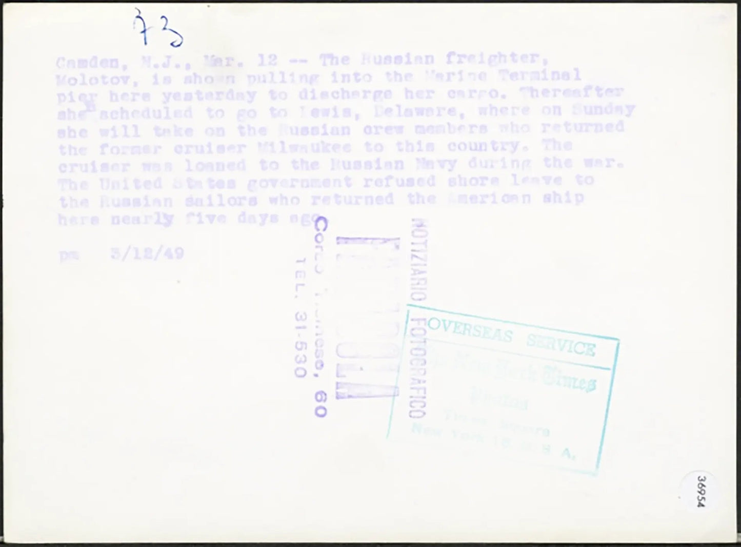 Nave mercantile russa Molotov 1949 Ft 36954 - Stampa 13x18 cm - Farabola Stampa ai sali d'argento