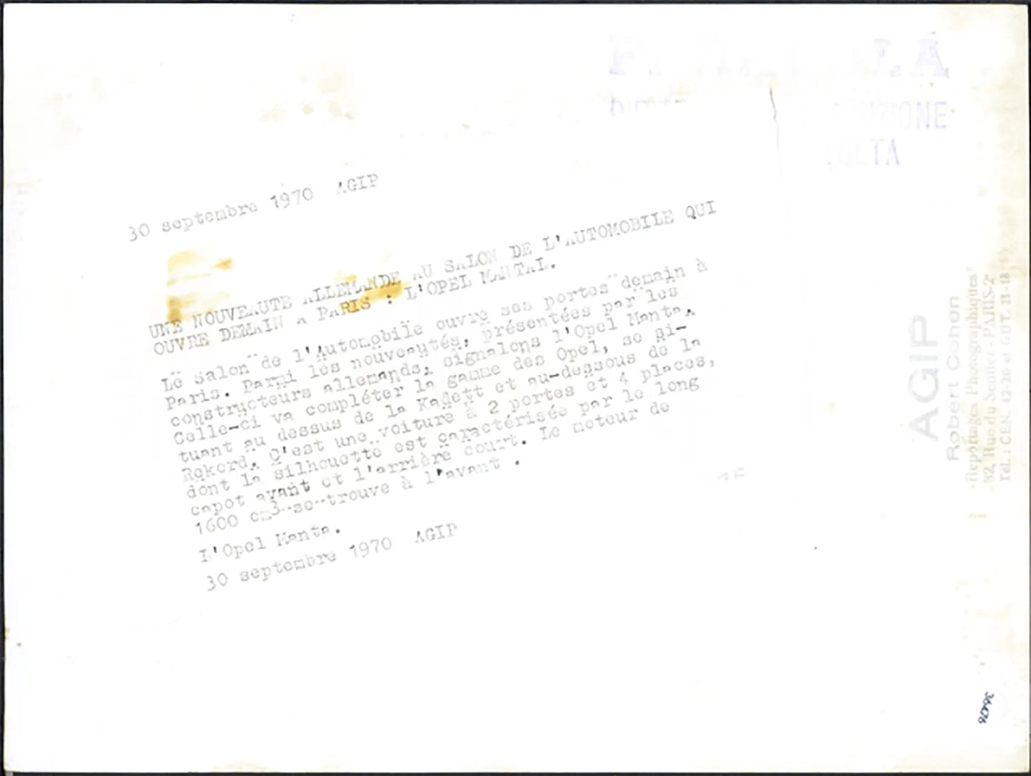 Opel Manta Salone Auto Parigi 1970 Ft 36476 - Stampa 24x18 cm - Farabola Stampa ai sali d'argento