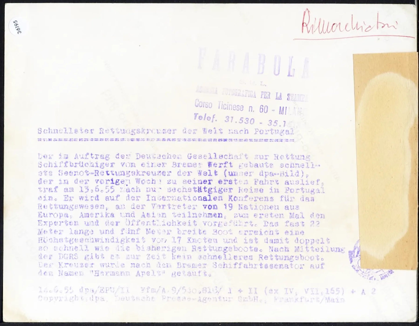 Pattugliatore di salvataggio 1955 Ft 36195 - Stampa 21x15 cm - Farabola Stampa ai sali d'argento
