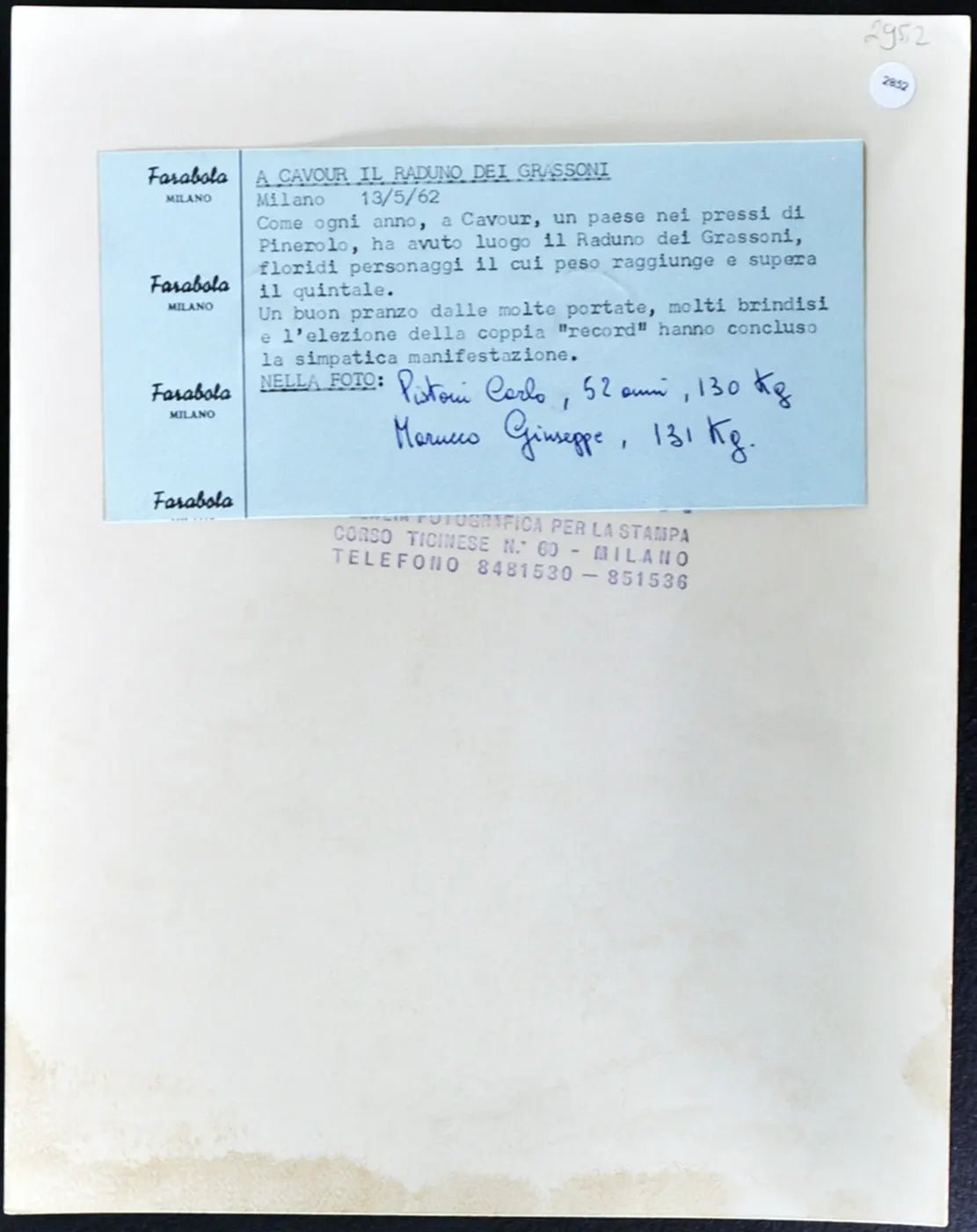 Raduno dei Grassoni 1962 Ft 2852 - Stampa 21x27 cm - Farabola Stampa ai sali d'argento