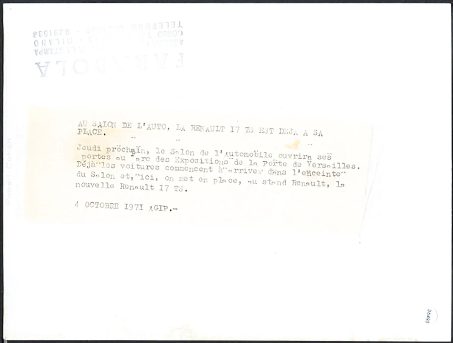 Renault I7 TS Salone Auto Parigi 1971 Ft 36495 - Stampa 24x18 cm - Farabola Stampa ai sali d'argento