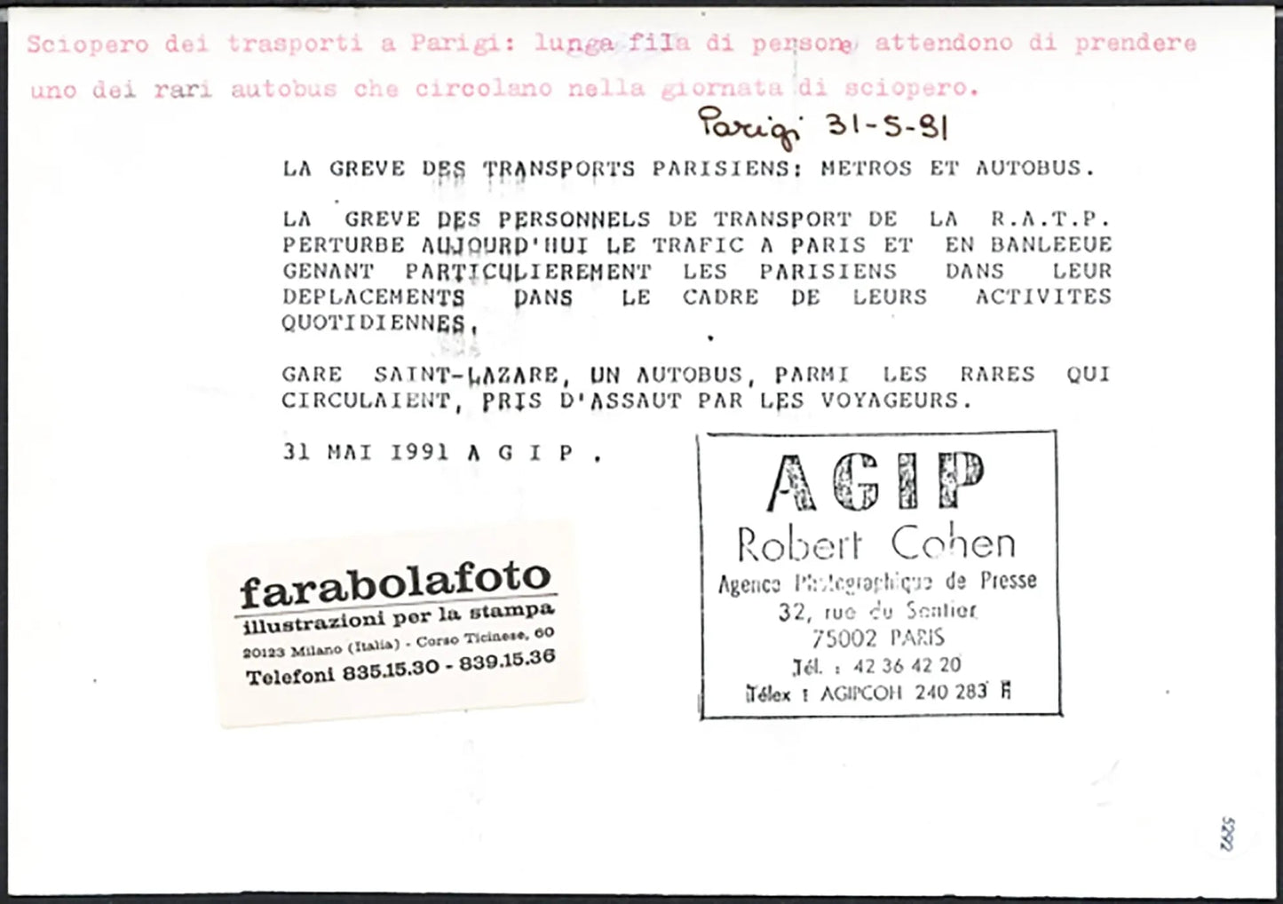 Sciopero dei trasporti a Parigi 1991 Ft 5292 - Stampa 21x15 cm - Farabola Stampa ai sali d'argento