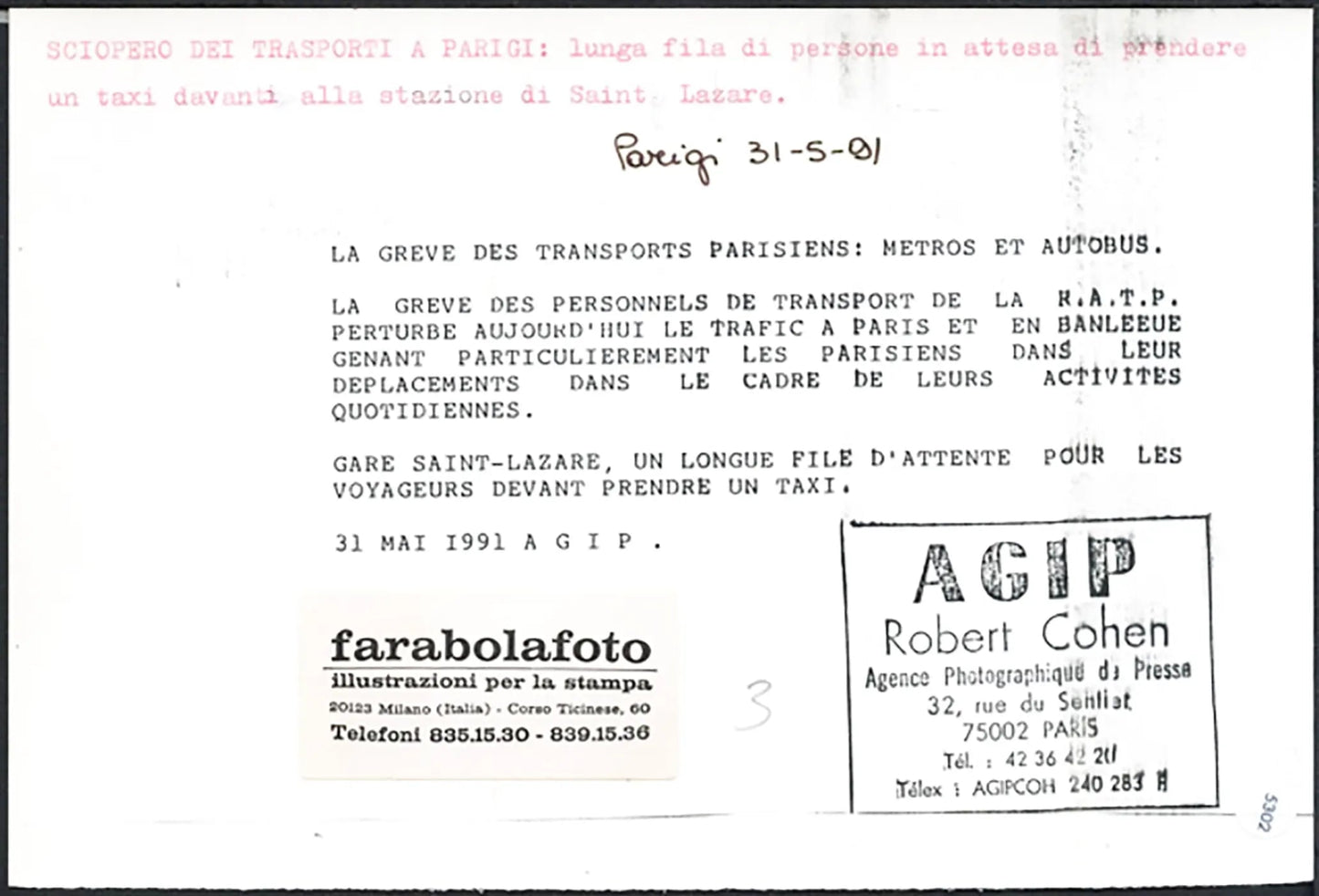 Sciopero dei trasporti a Parigi 1991 Ft 5302 - Stampa 21x15 cm - Farabola Stampa ai sali d'argento