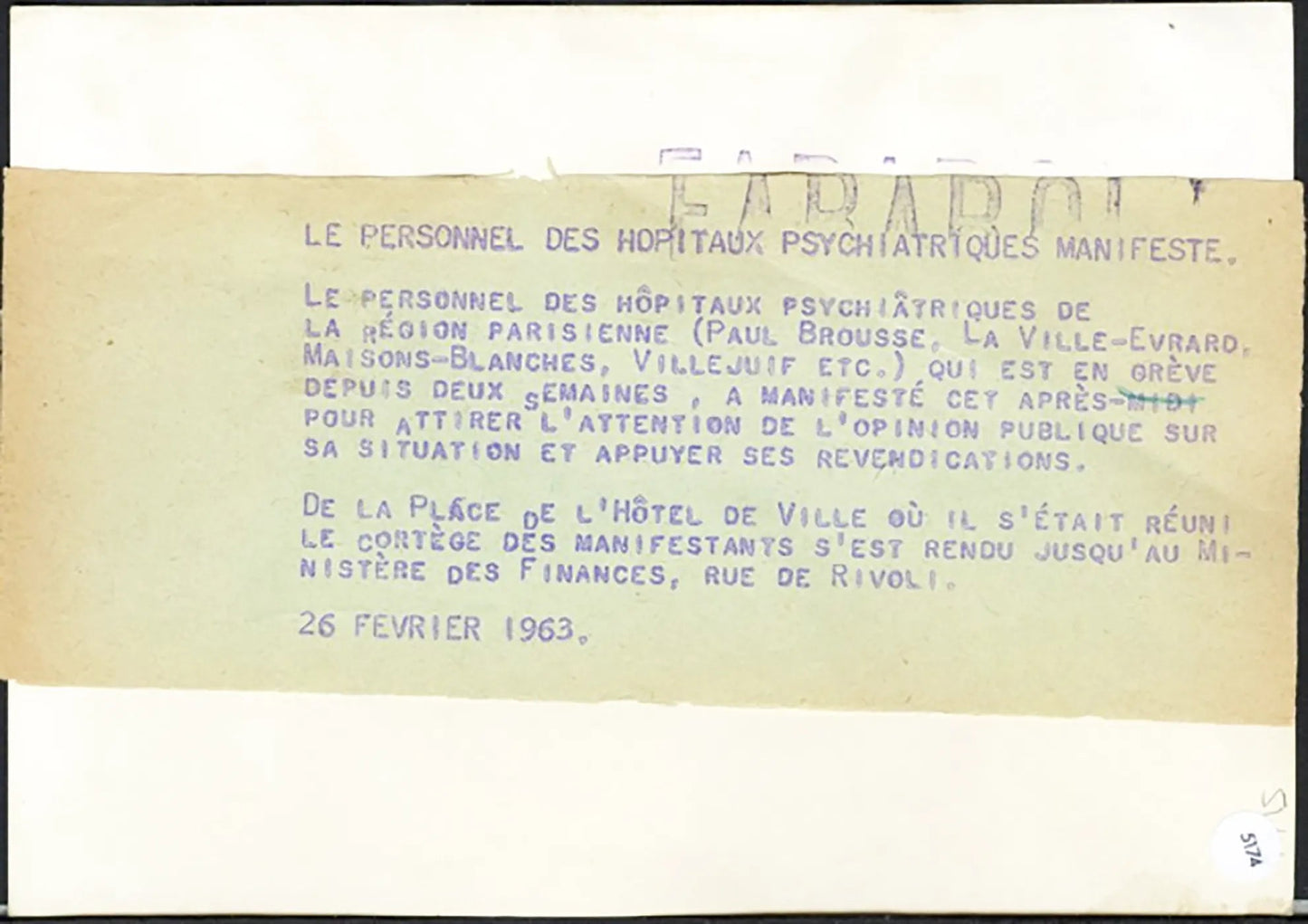 Sciopero ospedali psichiatrici Parigi 1963 Ft 5174 - Stampa 18x13 cm - Farabola Stampa ai sali d'argento