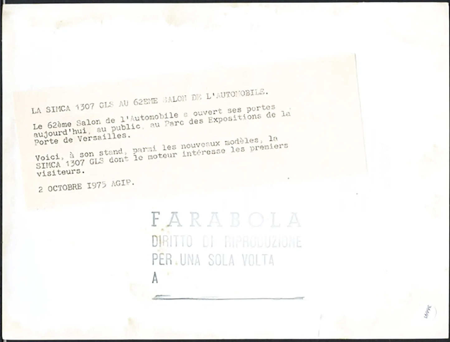 Simca 1307 GLS Salone Auto Parigi 1975 Ft 36691 - Stampa 24x18 cm - Farabola Stampa ai sali d'argento