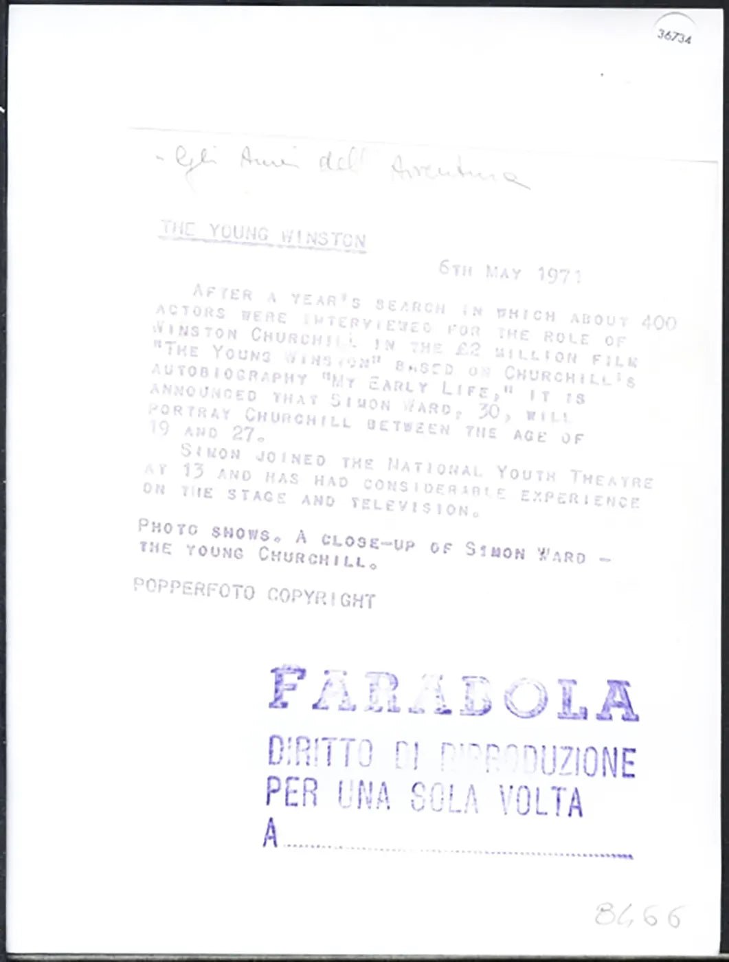 Simon Ward giovane Chruchill 1971 Ft 36734 - Stampa 20x15 cm - Farabola Stampa ai sali d'argento