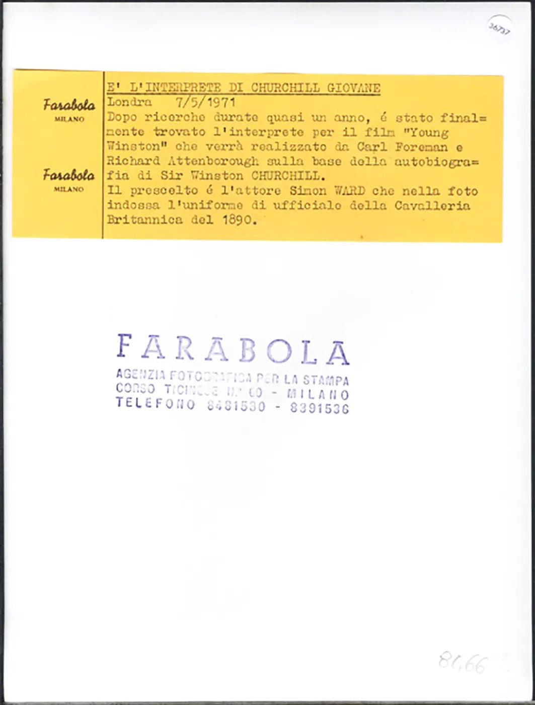 Simon Ward giovane Chruchill 1971 Ft 36737 - Stampa 24x18 cm - Farabola Stampa ai sali d'argento