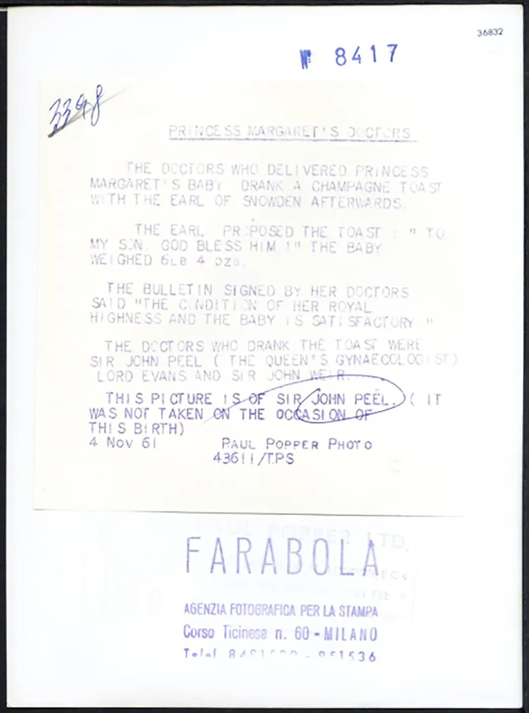 Sir John Peel ginecologo Regina 1961 Ft 36832 - Stampa 20x15 cm - Farabola Stampa ai sali d'argento