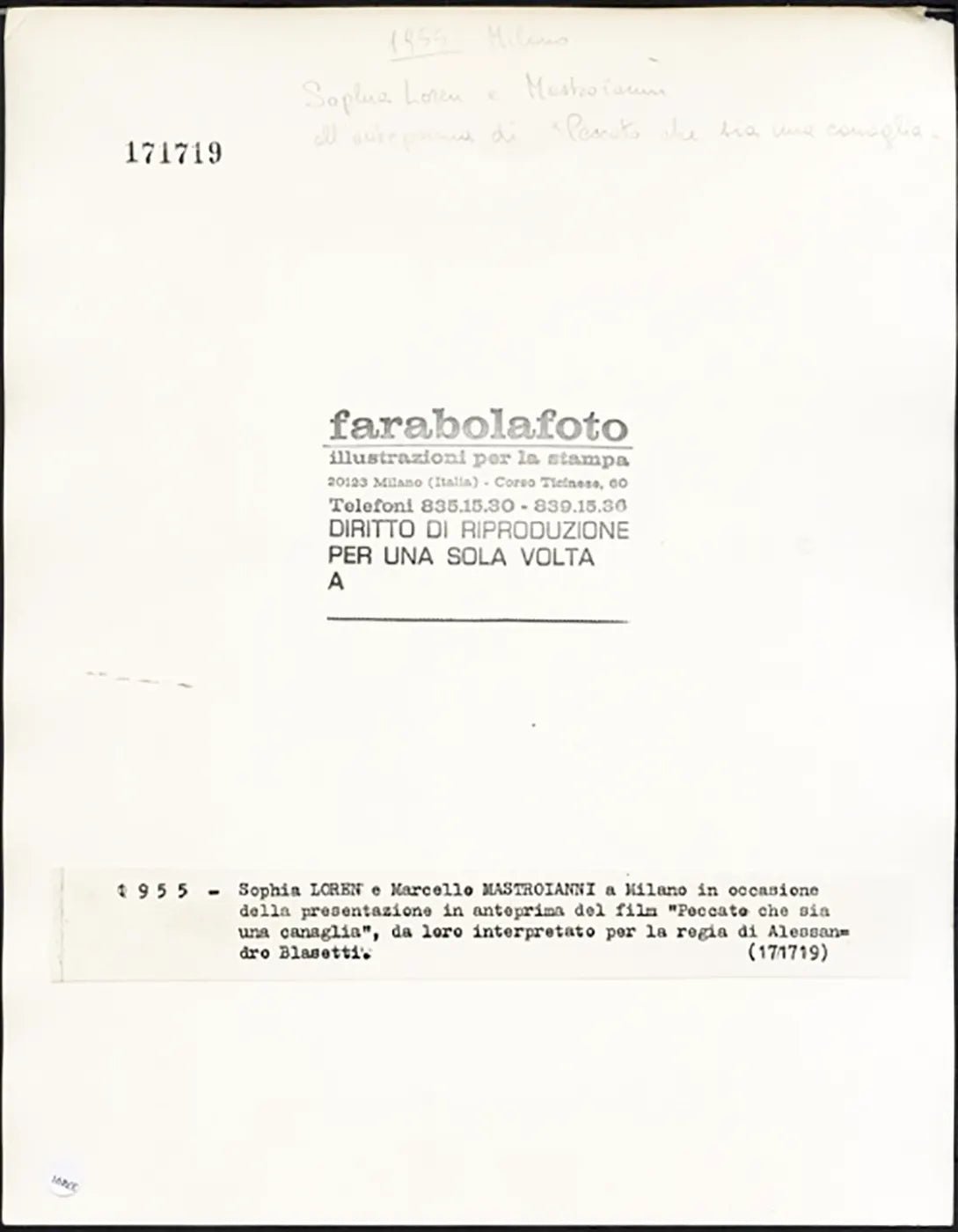 Sophia Loren e Marcello Mastroianni 1955 Ft 37491 - Stampa 24x30 cm - Farabola Stampa ai sali d'argento