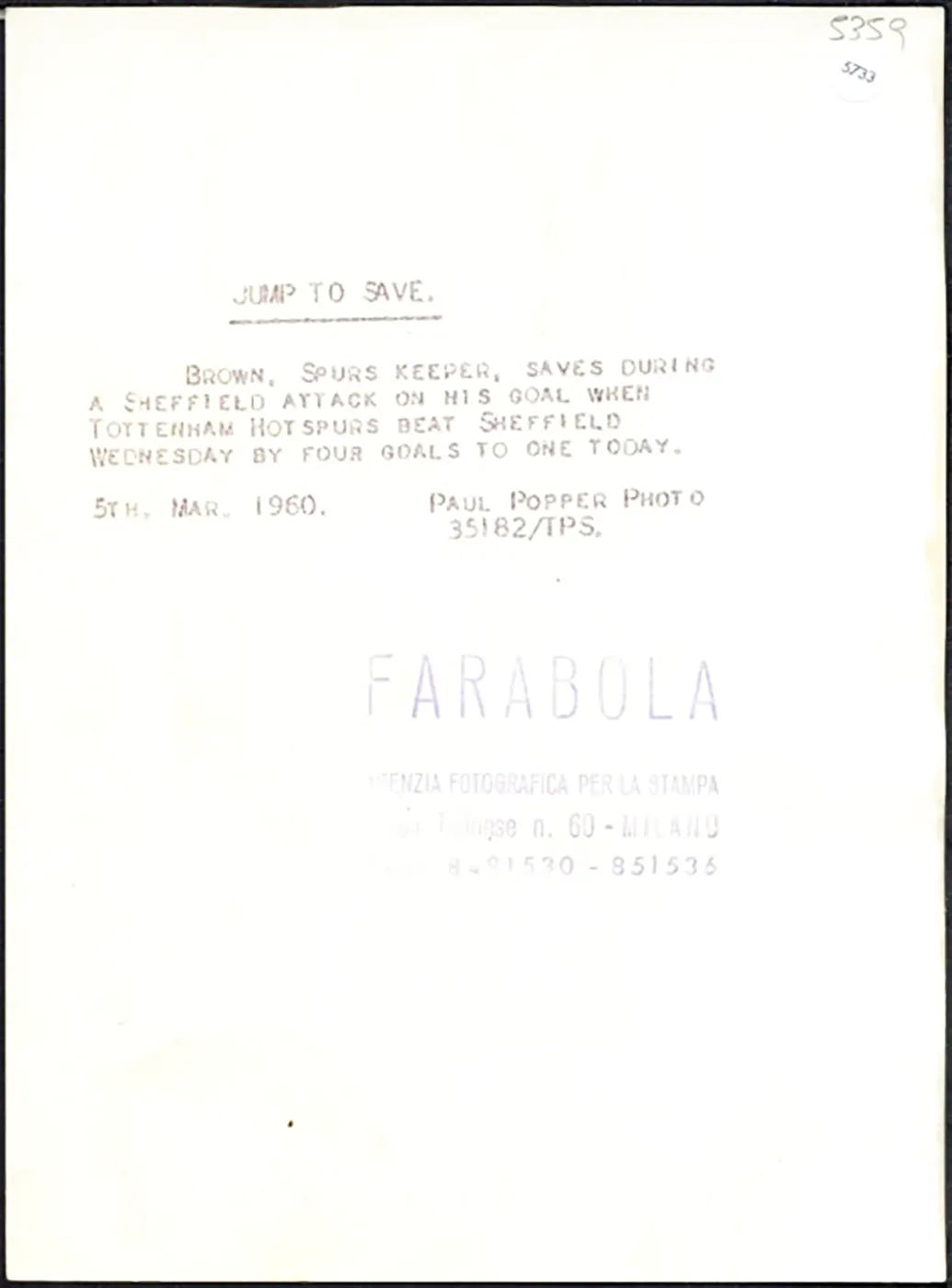 Tottenham vs Sheffield 1960 Ft 5733 - Stampa 21x15 cm - Farabola Stampa ai sali d'argento