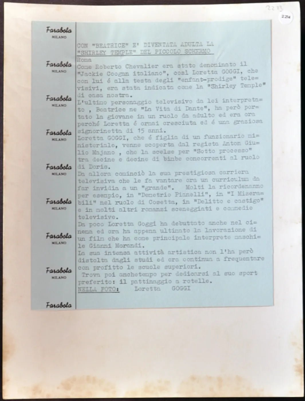 Loretta Goggi 1965 Ft 2214 - Stampa 21x27 cm - Farabola Stampa ai sali d'argento
